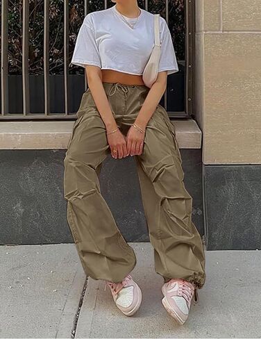 Women Baggy Cargo Pants Y2K Parachute Pant Drawstring Sweatpants Jogger Streetwear with Pocket in Saudi Arabia