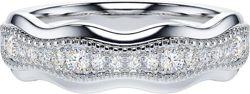 THELANDA Genuine Moissanite or Simulated Diamond Sterling Silver Antique Milgrain Wave Shape Eternity Band Wedding Ring in Saudi Arabia