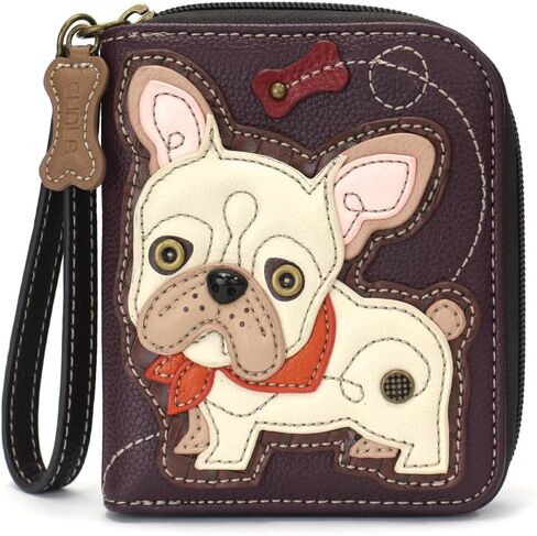 Chala Vegan Leather Zip Around Wallet with Wristlet (French Bulldog - Plum) in Kuwait