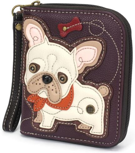 Chala Vegan Leather Zip Around Wallet with Wristlet (French Bulldog - Plum) in Kuwait