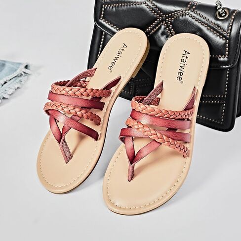 Ataiwee Women's Casual Thong Dressy Strap Flat Slide Sandals, | Comfortable Insole, Slip On Summer Sandals,Round Toe Multi Strap, lightweight Beach Flat Sandals in Saudi Arabia