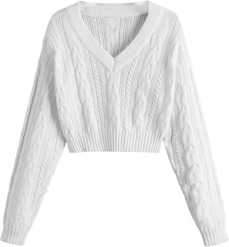 COZYEASE Girls' Drop Shoulder Cable Knit Sweater V Neck Long Sleeve Crop Pullovers Tops in Saudi Arabia