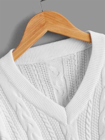 COZYEASE Girls' Drop Shoulder Cable Knit Sweater V Neck Long Sleeve Crop Pullovers Tops in Saudi Arabia