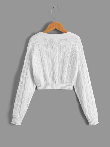 COZYEASE Girls' Drop Shoulder Cable Knit Sweater V Neck Long Sleeve Crop Pullovers Tops in Saudi Arabia