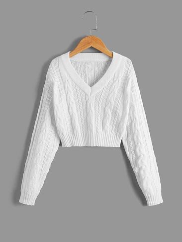 COZYEASE Girls' Drop Shoulder Cable Knit Sweater V Neck Long Sleeve Crop Pullovers Tops in Saudi Arabia