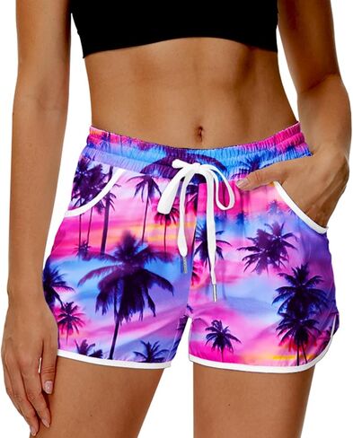 Deerose Women Summer Board Shorts Hawaiian Tropical Print Beach Swim Shorts with Pockets in Saudi Arabia