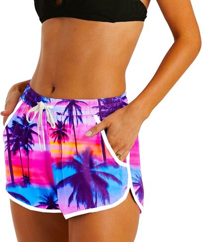 Deerose Women Summer Board Shorts Hawaiian Tropical Print Beach Swim Shorts with Pockets in Saudi Arabia