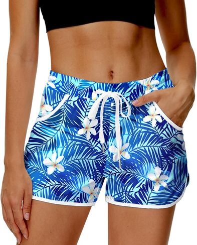 Deerose Women Summer Board Shorts Hawaiian Tropical Print Beach Swim Shorts with Pockets in Saudi Arabia