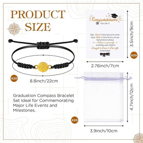 Sureio 60 Pcs 2024 Graduation Bracelet Set 20 Compass Bracelets 20 Graduation Cards 20 Organza Bags College Graduation Gifts in Saudi Arabia