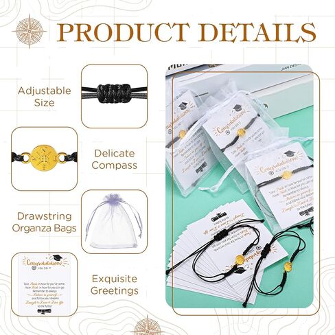 Sureio 60 Pcs 2024 Graduation Bracelet Set 20 Compass Bracelets 20 Graduation Cards 20 Organza Bags College Graduation Gifts in Saudi Arabia