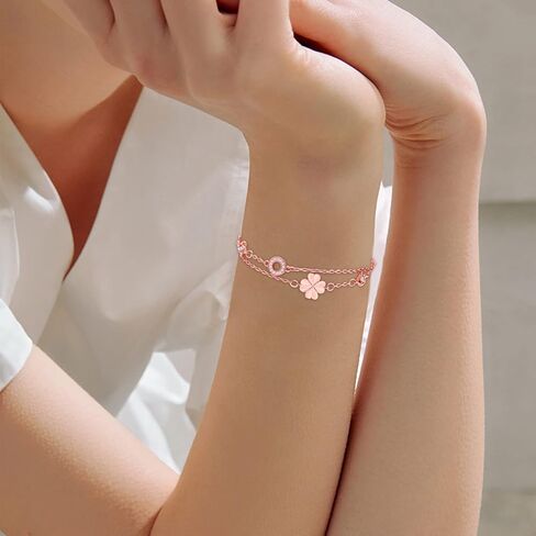 18K Gold Plated Bracelet for Women Copper Adjustable Layered Line Lucky Clover Charm Chain Bracelets for Girls Mother's Day Gift Jewelry in Saudi Arabia