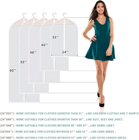 حقيبة ملابس معلقة من بيربر، حقائب بدلات خفيفة الوزن بسحاب كامل (مجموعة من 10) أكياس ملابس شفافة، أغطية ملابس PEVA لتخزين الملابس في الخزانة - 24 بوصة × 48 بوصة/10 عبوات in Kuwait