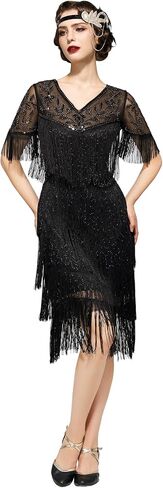 SWEETV 1920s Vintage Flapper Dresses for Women Fringed Great Gatsby Dresses Roaring 20s Dress with Sleeve in Saudi Arabia