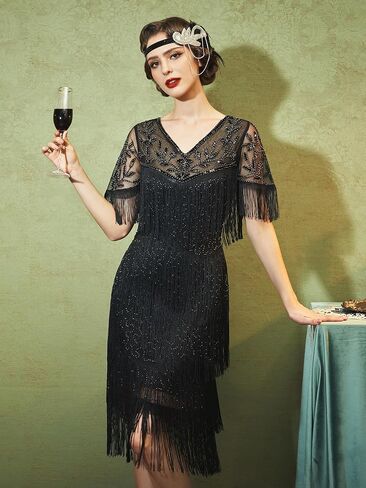 SWEETV 1920s Vintage Flapper Dresses for Women Fringed Great Gatsby Dresses Roaring 20s Dress with Sleeve in Saudi Arabia