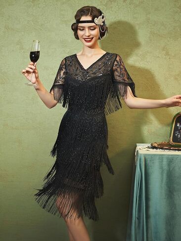SWEETV 1920s Vintage Flapper Dresses for Women Fringed Great Gatsby Dresses Roaring 20s Dress with Sleeve in Saudi Arabia