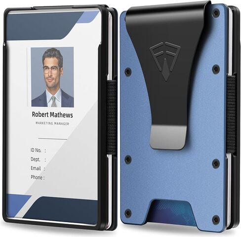 Minimalist Wallet for Men- Slim Aluminum Metal Money Clip Wallet with Clear ID Card Holder, RFID Blocking Slim Wallet for Men,Holds up 15 Cards with Money Clip,Ultra-Thin Tactical Wallet (Blue), metal in Kuwait
