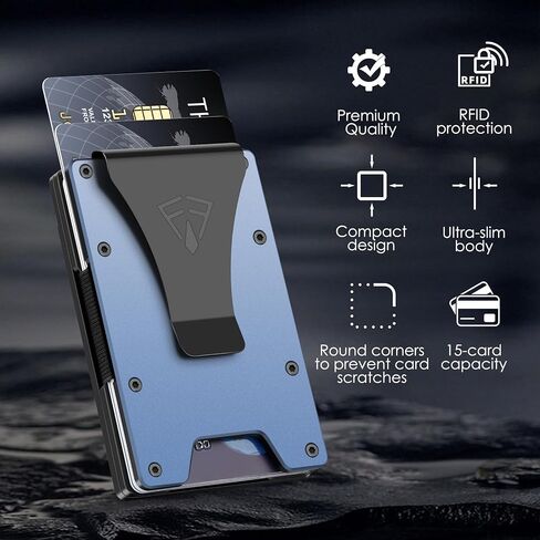 Minimalist Wallet for Men- Slim Aluminum Metal Money Clip Wallet with Clear ID Card Holder, RFID Blocking Slim Wallet for Men,Holds up 15 Cards with Money Clip,Ultra-Thin Tactical Wallet (Blue), metal in Kuwait