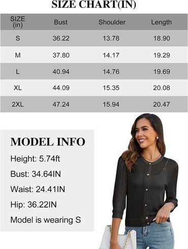 Genhoo 2024 Women's 3/4 Sleeve Cropped Cardigan Summer Lightweight Button Down Sweater Crochet Knit Bolero Shrugs in Saudi Arabia