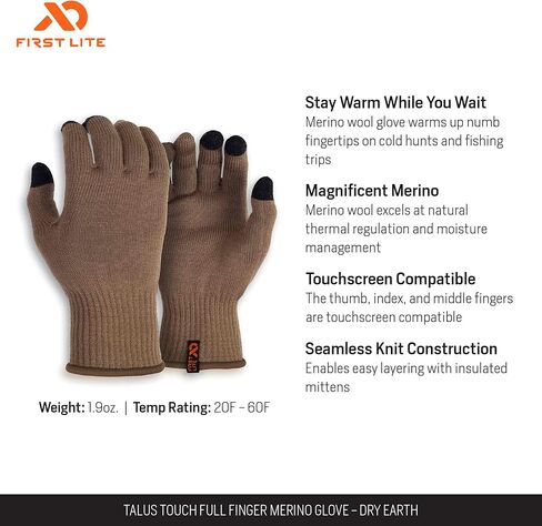 قفاز First Lite Talus Touch من صوف ميرينو كامل الأصابع - قفازات صيد مموهة خفيفة الوزن in Kuwait