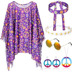 Hicarer 6 Pcs Hippie Costume Accessories Set Includes Poncho Necklace Earrings Headband Sunglasses Headband for Women Girls