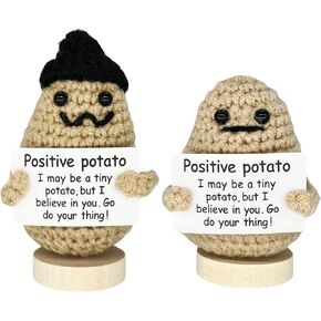 2-Pack Funny Positive Potato Toys with Encouragement Cards & Wooden Base - Adorable Crochet Dolls, Emotional Support Plush, Perfect Cheer Up Gifts for Friends, Parties, and Christmas Decoration