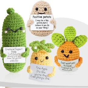 4PCS Mini Funny Positive Potato Crochet Doll Set-Emotional Support Pickle, Positive Potato, Carrot and Pineapple,Cute Handmade Cucumber Knitting Doll Gift Home Decor with Positive Card