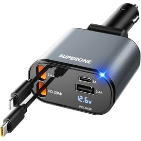 SUPERONE Retractable Car Charger, 4 in 1 Super Fast Charge Car Phone Charger with Cord 2.6ft, 2 USB Ports Car Charger Adapter, Compatible with iPhone 15/15 Pro Max/14/13/12/11, Galaxy S23/22, Pixel