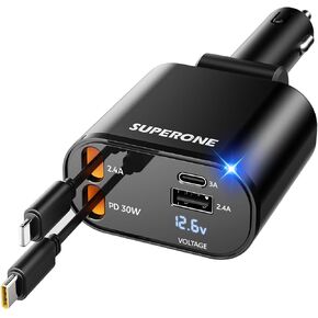 SUPERONE Retractable Car Charger, 4 in 1 Super Fast Charge Car Phone Charger with Cord 2.6ft, 2 USB Ports Car Charger Adapter, Compatible with iPhone 15/15 Pro Max/14/13/12/11, Galaxy S23/22, Pixel