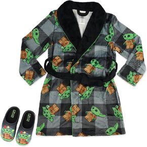 LEGO Star Wars Pajama Robe for Boys, Grogu Baby Yoda Robe with Bonus Slippers, Black Plaid, Little Kid Size 4/5