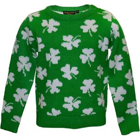 Green Shamrock Kids Jumper Irish Sweater Nature Lover Gift for Children 100% Acrylic