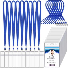 100 Sets Lanyard with ID Holder,Lanyard Badge Holder and Lanyards for ID Badges,Waterproof Resealable Name Tag Vertical Badge ID Card Holders and Flat Neck Lanyards for School Church Conferences(Blue)