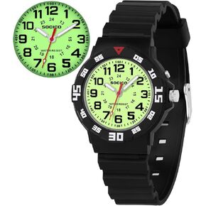SOCICO Kids Analog Watch with Light for Boys Girls Waterproof Time Teaching Watch with Soft Band Learning Time Wrist Watch Easy to Read for Children Great Gifts