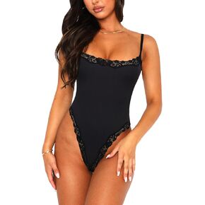Navneet Women Lace Bodysuit Sexy Square Neck Sleeveless Cami Spaghetti Strap Thong Bodysuit Backless Body Suits Tops Leotard