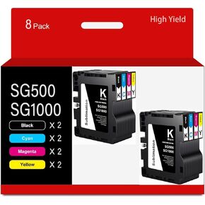 متوافقة مع خرطوشة حبر التسامي للطابعة Sawgrass SG500 SG1000 المكونة من 8 عبوات (2 أسود، 2 سماوي، 2 أرجواني، 2 أصفر)