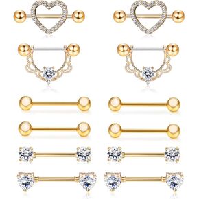 FINREZIO 6-8 Pairs 14G Nipple Rings 316L Surgical Steel Heart CZ Tongue Barbell Body Piercing Shield Ring Set 5/8 Inches