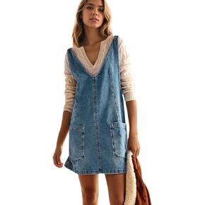 LifeShe Denim Overall Dress for Women Sleeveless High Roller Skirtall Short Jean Jumper Dress Mini Pinafore in Saudi Arabia