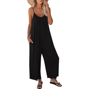 AUTOMET Jumpsuits for Women Loose Casual Sleeveless Adjustable Spaghetti Strap Stretchy Wide Leg Rompers with Pockets
