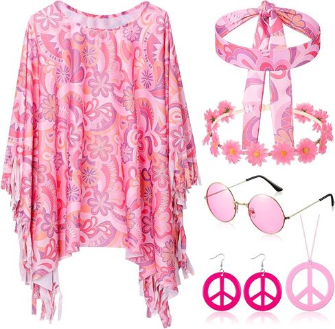 Hicarer 6 Pcs Hippie Costume Accessories Set Includes Poncho Necklace Earrings Headband Sunglasses Headband for Women Girls in Saudi Arabia