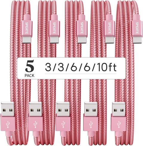 كابل USB إلى USB C (5 حزم، 3/3/6/6/10FT)، كابل USB A إلى النوع C، سلك نقل مزامنة مجدول من النايلون للشحن السريع، شاحن USB C للهاتف 16/15/iPad، وGalaxy S/Note/A، وPixel والمزيد | كابل نقل بيانات USB A إلى النوع C، بسرعة 480 ميجابت في الثانية، سلك شاحن متين in Kuwait