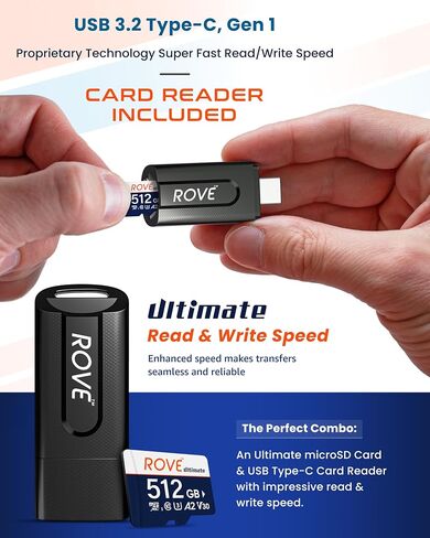 ROVE Ultimate Micro SD Card microSDXC 256GB Memory Card with USB 3.2 Type C Card Reader 512GB 170MB/s C10, U3, V30, 4K, A2 for Dash Cam, Android Smart Phones, Tablets, Games | MicroSDXC, C10 U3 V30 A2, 4K Video Ready, for Dash Cam, Android Smart Phones, T in Kuwait