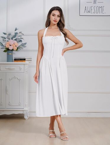 Floral Corset Dress Solid Long Dress Sleeveless Halter Low Cut Dress Open Back Bustier Midi Dress Summer in Saudi Arabia