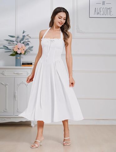 Floral Corset Dress Solid Long Dress Sleeveless Halter Low Cut Dress Open Back Bustier Midi Dress Summer in Saudi Arabia