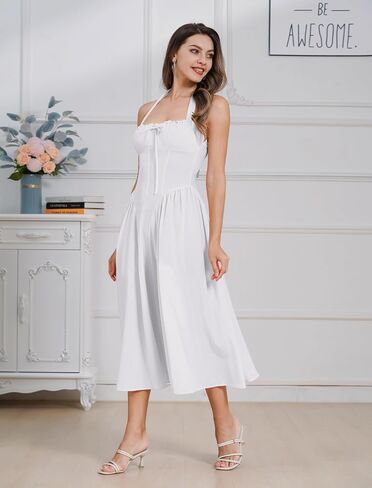 Floral Corset Dress Solid Long Dress Sleeveless Halter Low Cut Dress Open Back Bustier Midi Dress Summer in Saudi Arabia