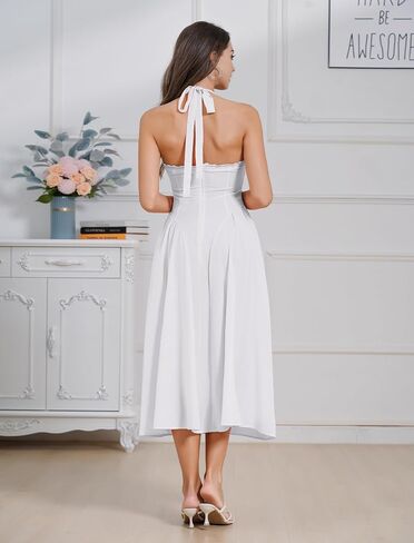 Floral Corset Dress Solid Long Dress Sleeveless Halter Low Cut Dress Open Back Bustier Midi Dress Summer in Saudi Arabia
