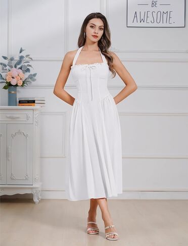 Floral Corset Dress Solid Long Dress Sleeveless Halter Low Cut Dress Open Back Bustier Midi Dress Summer in Saudi Arabia