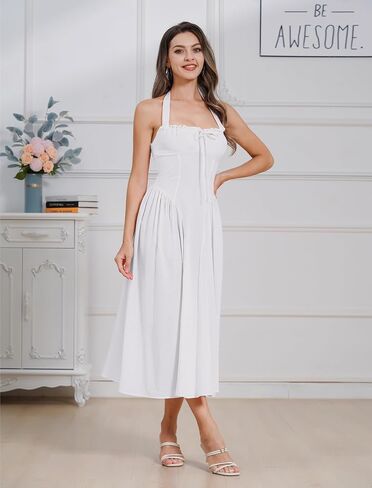 Floral Corset Dress Solid Long Dress Sleeveless Halter Low Cut Dress Open Back Bustier Midi Dress Summer in Saudi Arabia