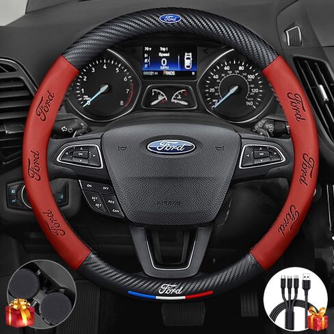 Customized Steering Wheel Cover Compatible with Honda, Premium Napaa Leather and Carbon Fiber Texture Steering Wheel Cover,with 2 Coasters and USB Fast Charging Cable (Red) in Saudi Arabia