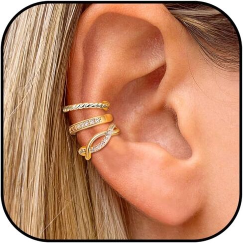 3Pcs 14K Gold Ear Cuff Earrings for Women Adjustable Non Piercing Ear Cuffs Sterling Silver Fake Earrings Clip on Cartilage Earring Ear Cuffs Jewelry in Saudi Arabia