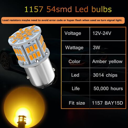 1157 Led Light Bulb Amber Yellow, 12V-24V 1157 7528 2357 2057 BAY15D LED Replacement Light Bulb for Brake Light Tail Light for Car RV Trailer Boat, 54SMD 3014 Chipset,4PCS in Kuwait