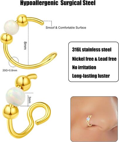 Fake Nose Ring Hoops Opal Fake Septum Nose Piercing Jewelry 20G Clip On Surgical Steel Faux Nose Rings for Women Men Non Pierce Lip Ear Cartilage Helix Rings No Piercing Body Jewelry in Saudi Arabia